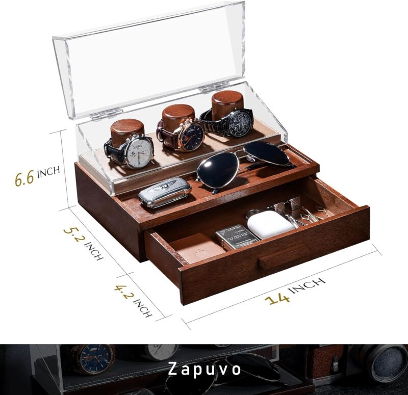 Zapuvo® Wood Watch Box with Acrylic Hinged Cover Brown - Image 3