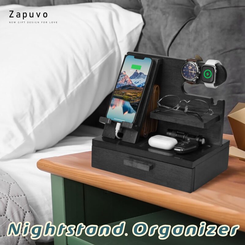 Zapuvo® Wood Phone Docking Station with Drawer Black - Image 3