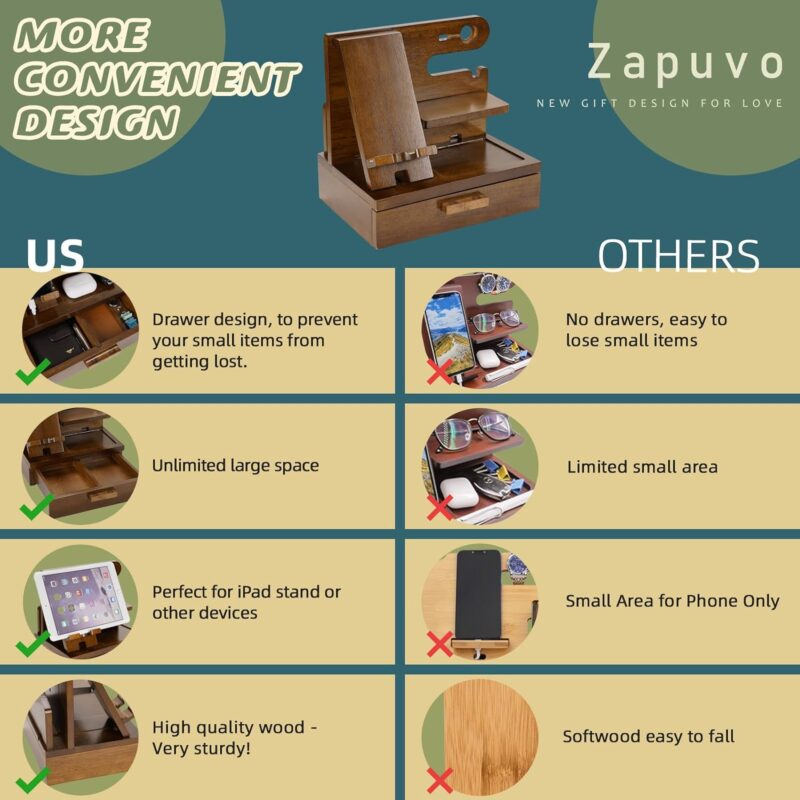 Zapuvo® Wood Phone Docking Station with Drawer Brown - Image 2