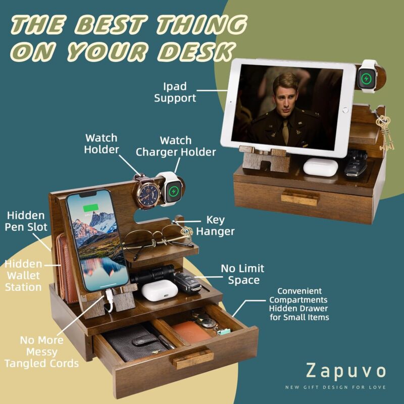 Zapuvo® Wood Phone Docking Station with Drawer Brown - Image 3