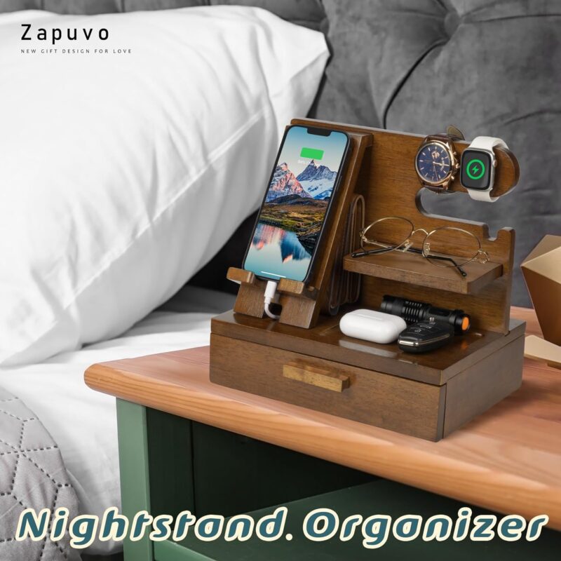Zapuvo® Wood Phone Docking Station with Drawer Brown - Image 4