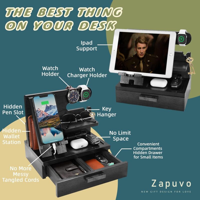 Zapuvo® Wood Phone Docking Station with Drawer Black - Image 4