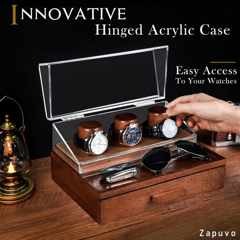Zapuvo® Wood Watch Box with Acrylic Hinged Cover Brown - Image 5