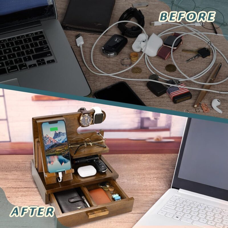 Zapuvo® Wood Phone Docking Station with Drawer Brown - Image 5